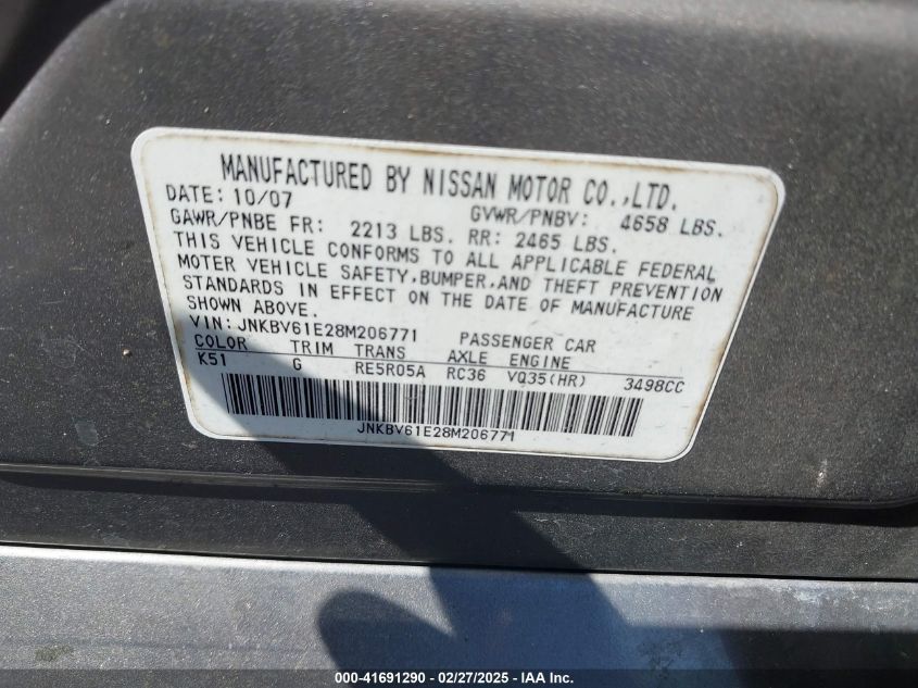 2008 Infiniti G35 Journey VIN: JNKBV61E28M206771 Lot: 41691290