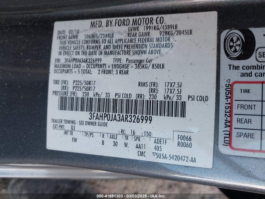 2010 FORD FUSION VIN: 3FAHP0JA3AR326999