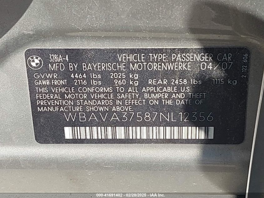 2007 BMW 328I VIN: WBAVA37587NL12356 Lot: 41691402