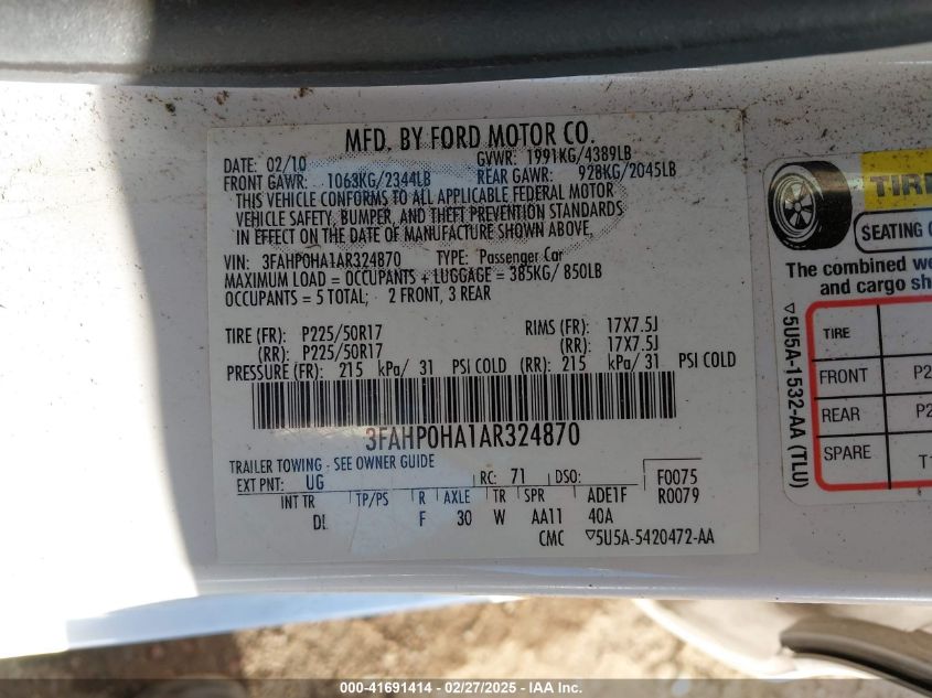 2010 Ford Fusion Se VIN: 3FAHP0HA1AR324870 Lot: 41691414