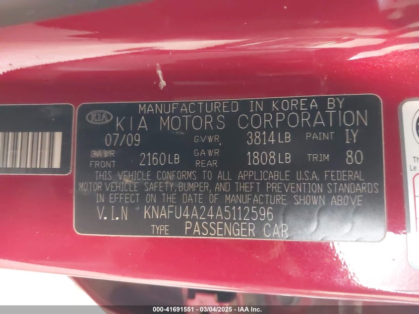 2010 KIA FORTE VIN: KNAFU4A24A5112596