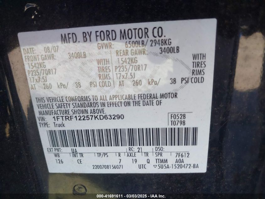 2007 Ford F-150 Stx/Xl/Xlt VIN: 1FTRF12257KD63290 Lot: 41691611