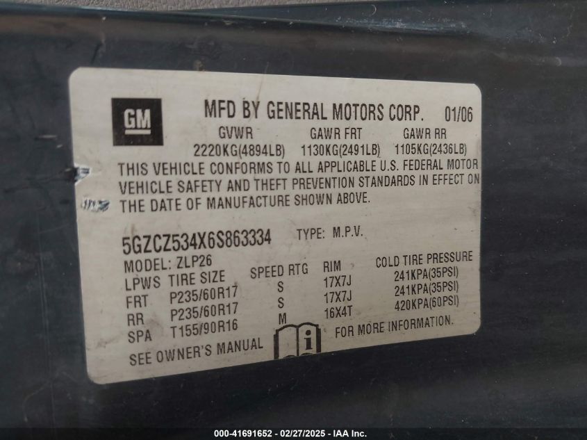 2006 Saturn Vue V6 VIN: 5GZCZ534X6S863334 Lot: 41691652