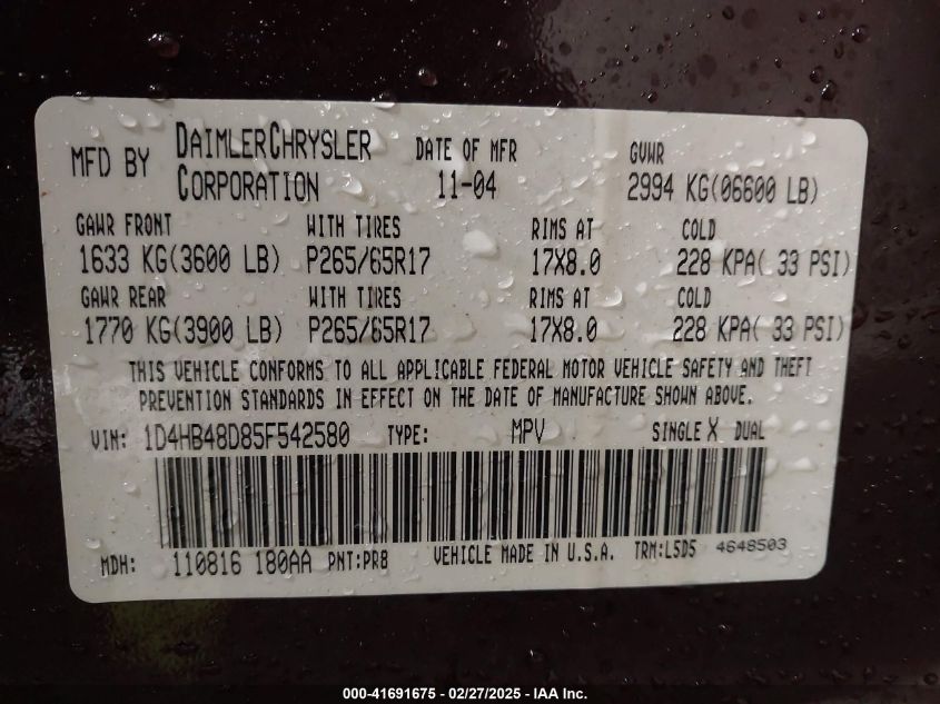 2005 Dodge Durango Slt VIN: 1D4HB48D85F542580 Lot: 41691675