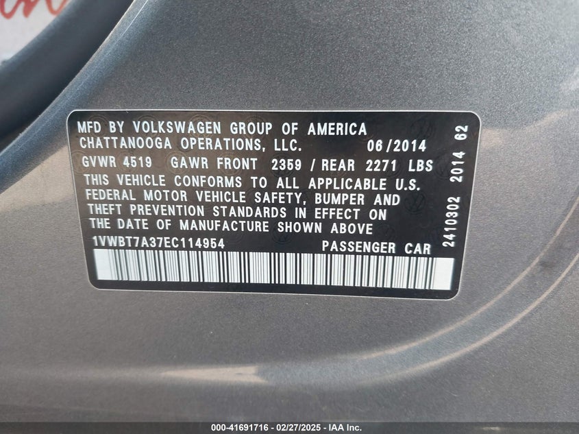 2014 VOLKSWAGEN PASSAT VIN: 1VWBT7A37EC114954