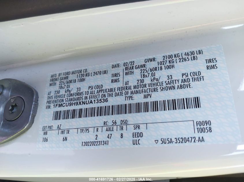 2022 Ford Escape Sel VIN: 1FMCU9H9XNUA13536 Lot: 41691726