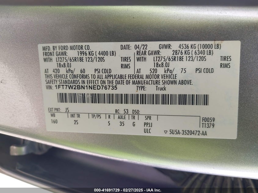 2022 FORD F-250 VIN: 1FT7W2BN1NED76735