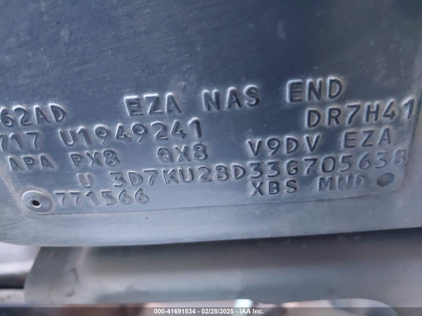 2003 Dodge Ram 2500 Slt/Laramie/St VIN: 3D7KU28D33G705638 Lot: 41691834