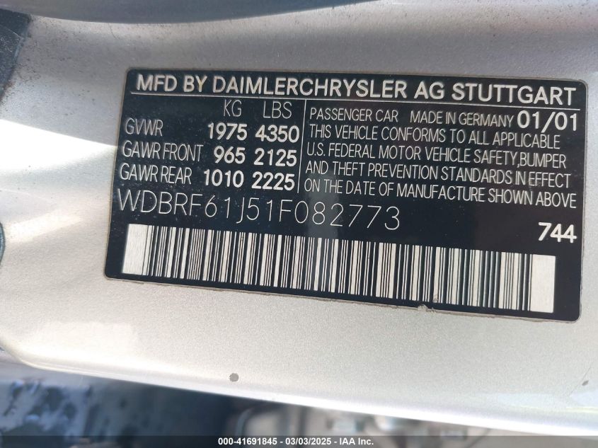 2001 Mercedes-Benz C 240 VIN: WDBRF61J51F082773 Lot: 41691845