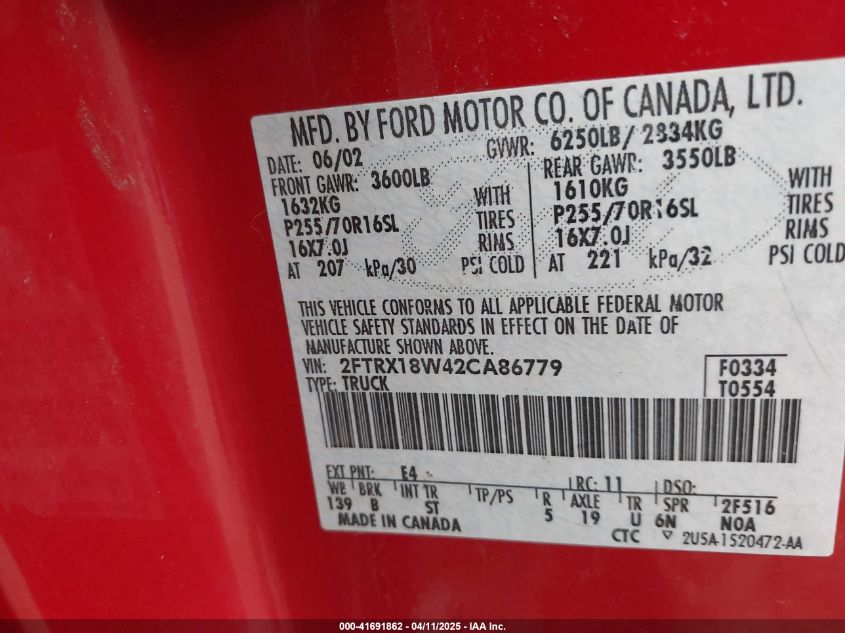 2002 Ford F-150 Lariat/Xl/Xlt VIN: 2FTRX18W42CA86779 Lot: 41691862