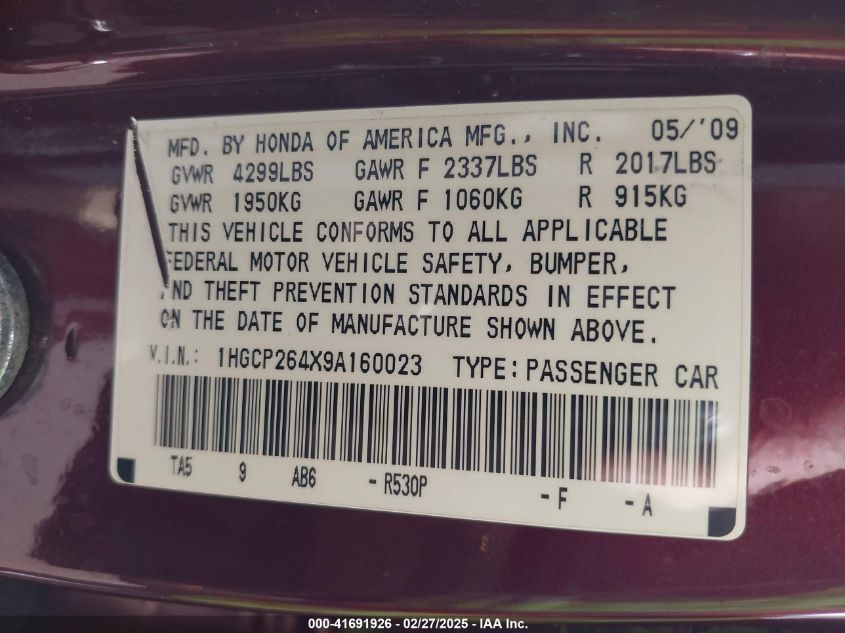 2009 Honda Accord 2.4 Lx-P VIN: 1HGCP264X9A160023 Lot: 41691926