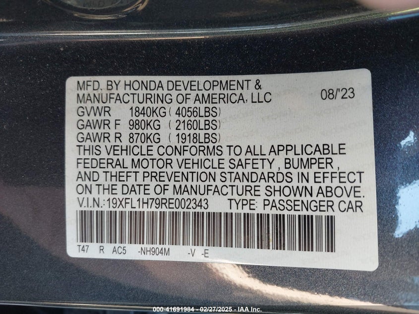 2024 HONDA CIVIC VIN: 19XFL1H79RE002343