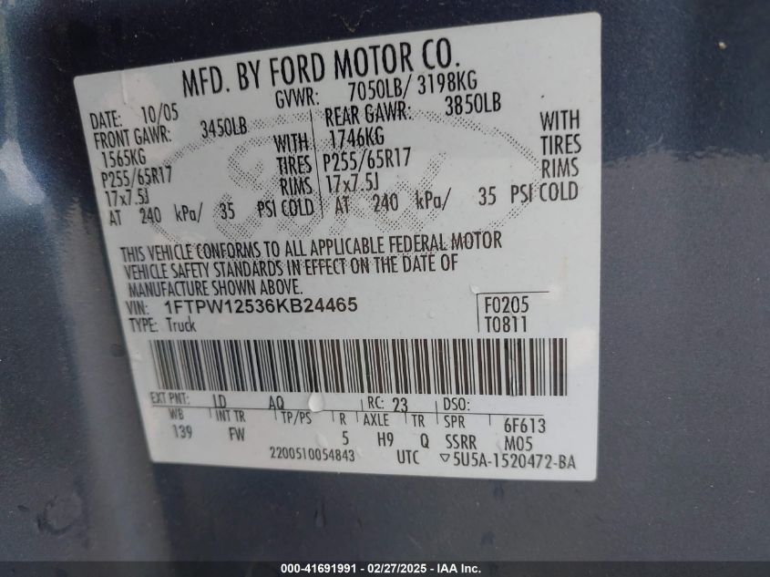 2006 Ford F-150 Lariat/Xlt VIN: 1FTPW12536KB24465 Lot: 41691991