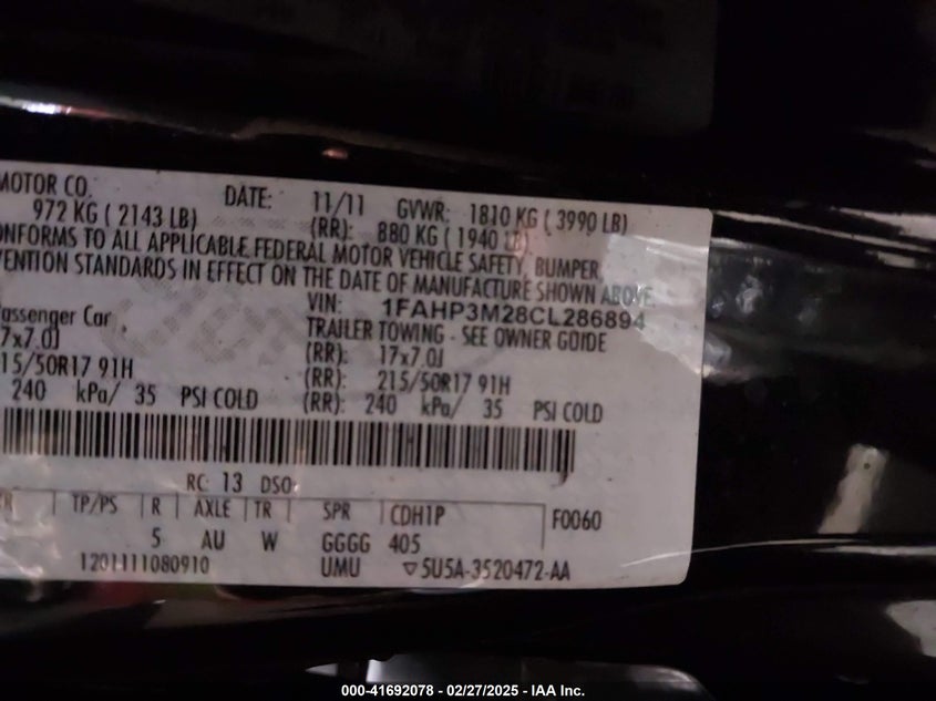 2012 FORD FOCUS VIN: 1FAHP3M28CL286894