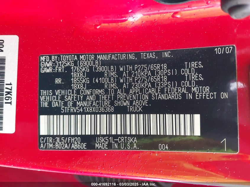 2008 TOYOTA TUNDRA VIN: 5TFRV541X8X036368