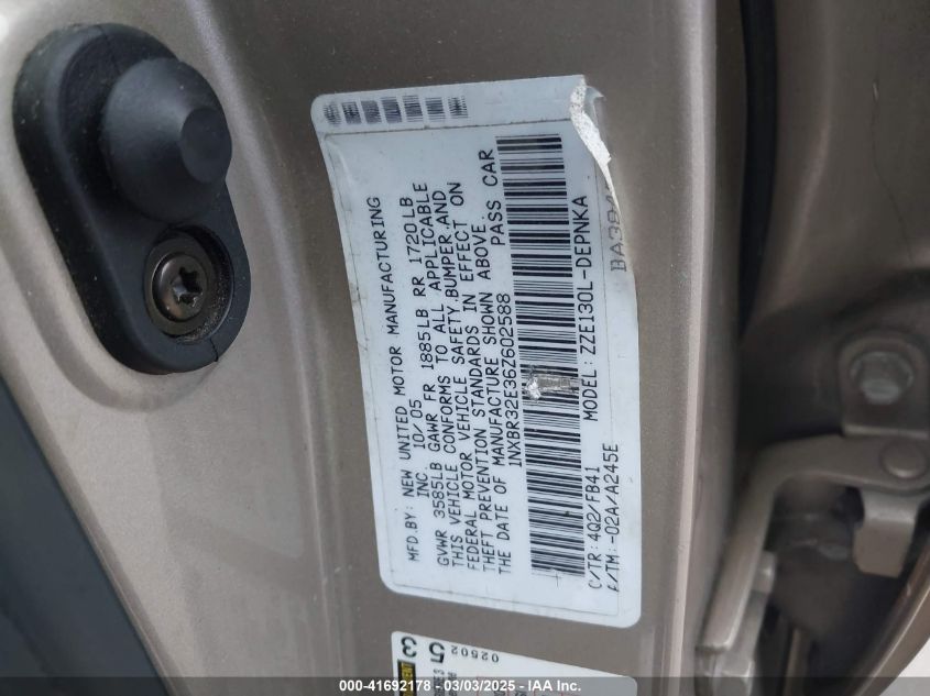 2006 Toyota Corolla Le VIN: 1NXBR32E36Z602588 Lot: 41692178