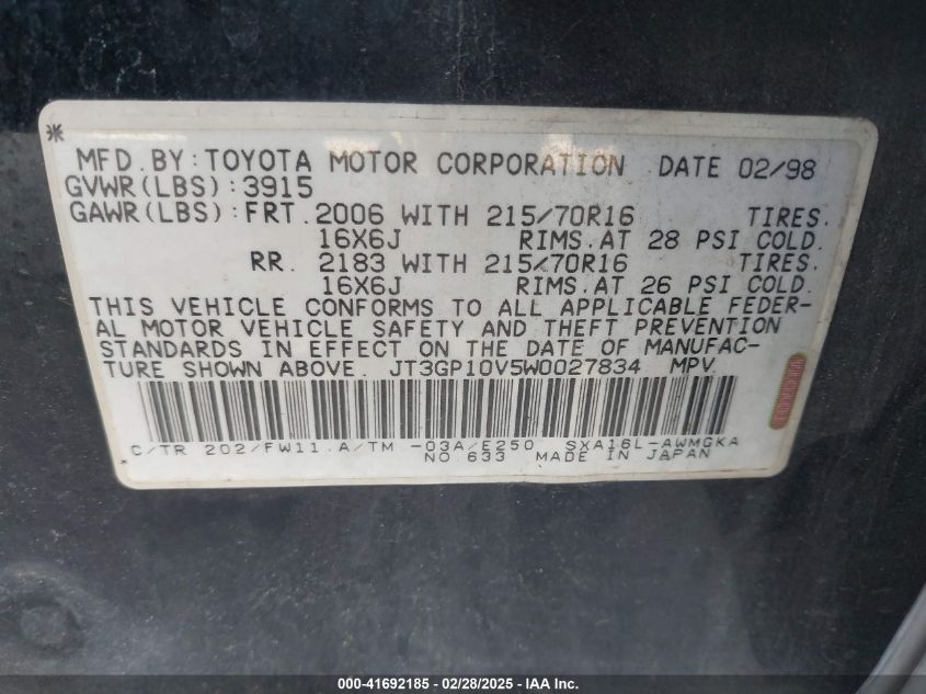 1998 Toyota Rav4 VIN: JT3GP10V5W0027834 Lot: 41692185