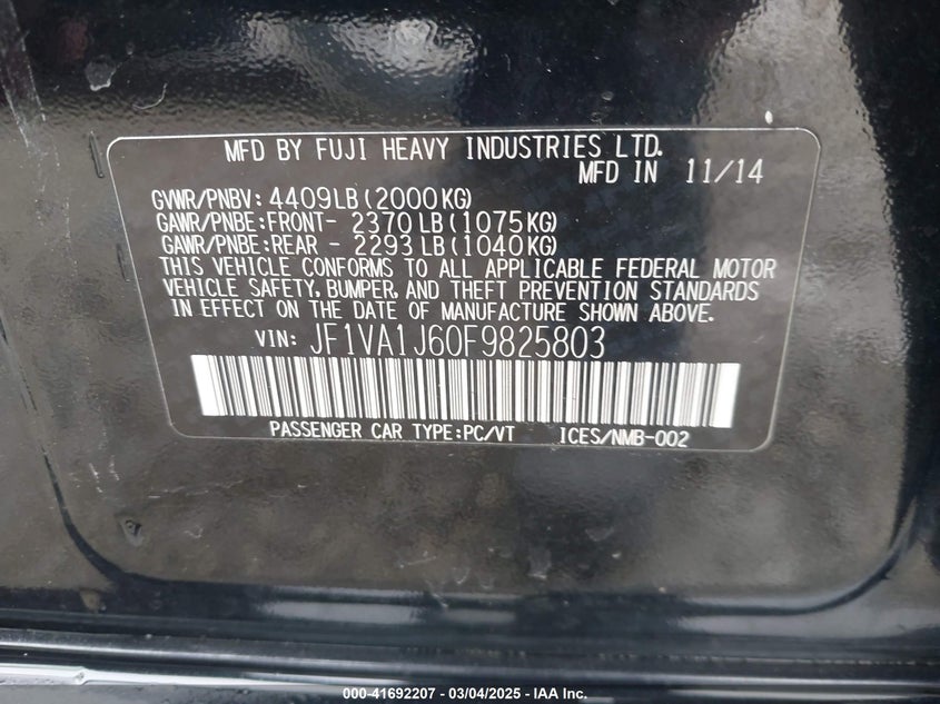 2015 SUBARU WRX LIMITED - JF1VA1J60F9825803