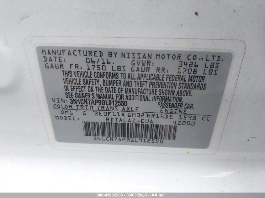 2016 Nissan Versa 1.6 S+ VIN: 3N1CN7AP9GL912550 Lot: 41692208