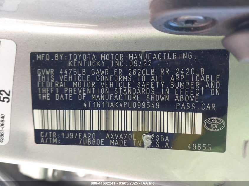 2023 TOYOTA CAMRY VIN: 4T1G11AK4PU099549