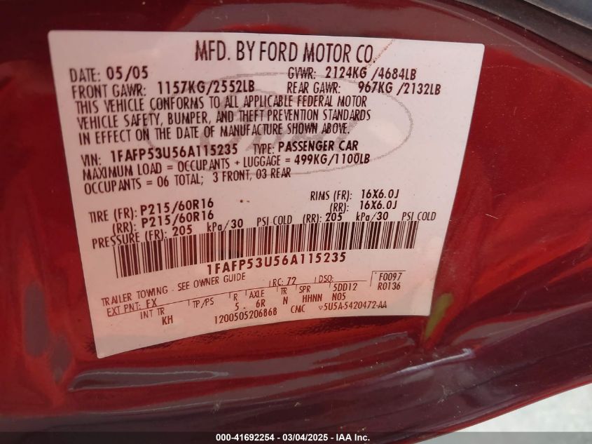 2006 Ford Taurus Se VIN: 1FAFP53U56A115235 Lot: 41692254