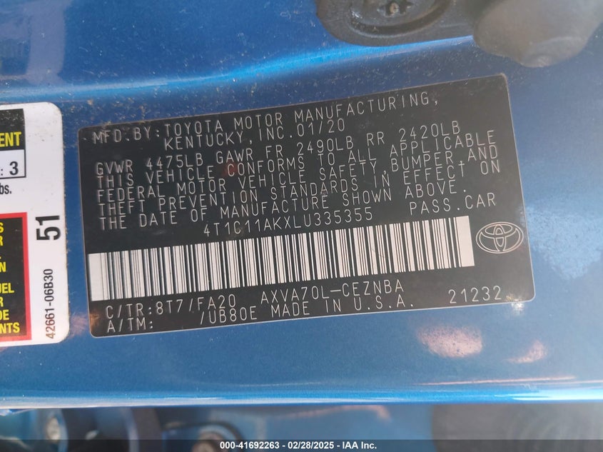 2020 TOYOTA CAMRY VIN: 4T1C11AKXLU335355