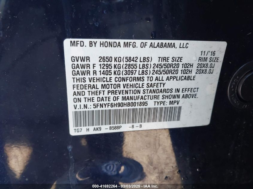 2017 Honda Pilot Touring VIN: 5FNYF6H90HB001895 Lot: 41692264