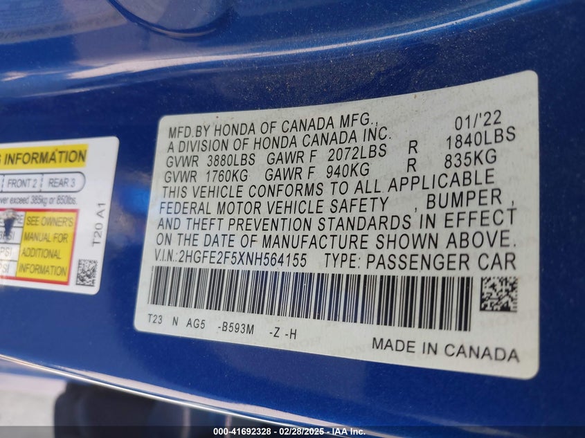 2022 HONDA CIVIC SPORT - 2HGFE2F5XNH564155