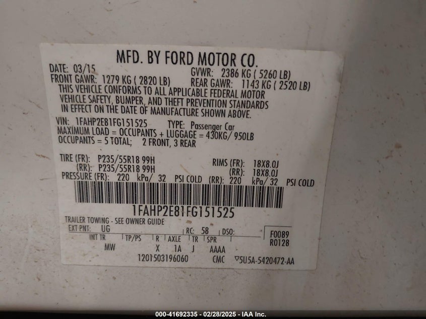 2015 FORD TAURUS VIN: 1FAHP2E81FG151525