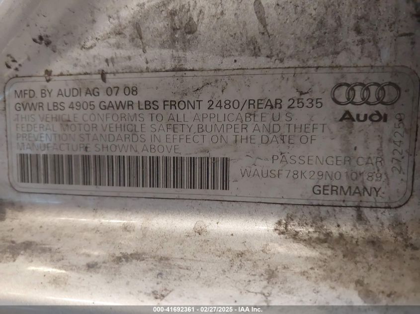 2009 Audi A4 2.0T Prem Plus/2.0T Premium VIN: WAUSF78K29N010189 Lot: 41692361