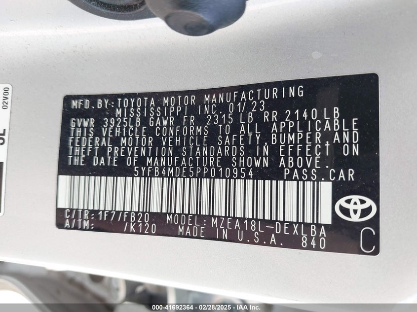 2023 TOYOTA COROLLA VIN: 5YFB4MDE5PP010954