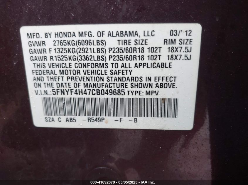 2012 Honda Pilot Ex VIN: 5FNYF4H47CB049685 Lot: 41692379