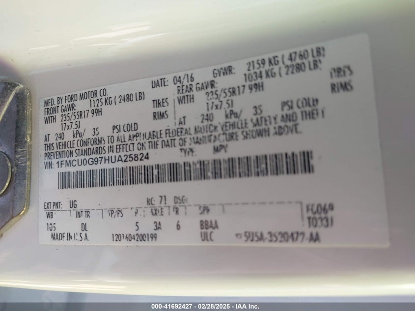 2017 FORD ESCAPE VIN: 1FMCU0G97HUA25824