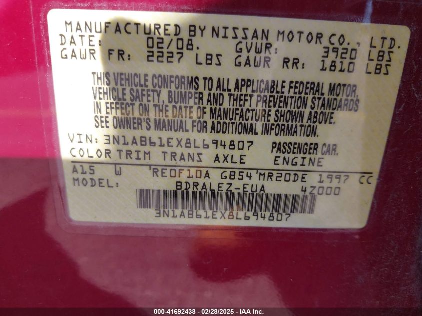 2008 Nissan Sentra 2.0S VIN: 3N1AB61EX8L694807 Lot: 41692438