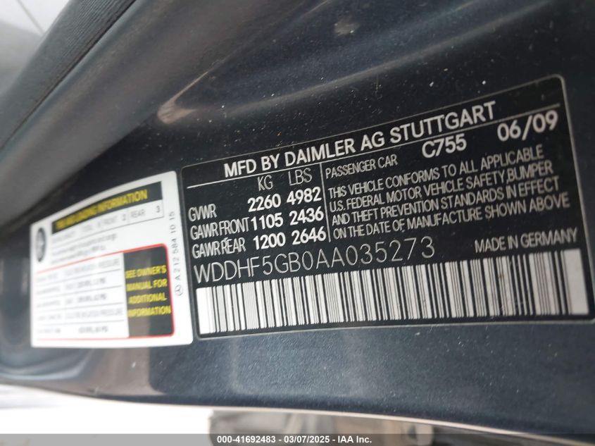 2010 Mercedes-Benz E-Class E 350 Luxury VIN: WDDHF5GB0AA035273 Lot: 41692483