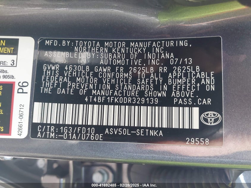 2013 TOYOTA CAMRY VIN: 4T4BF1FK0DR329139