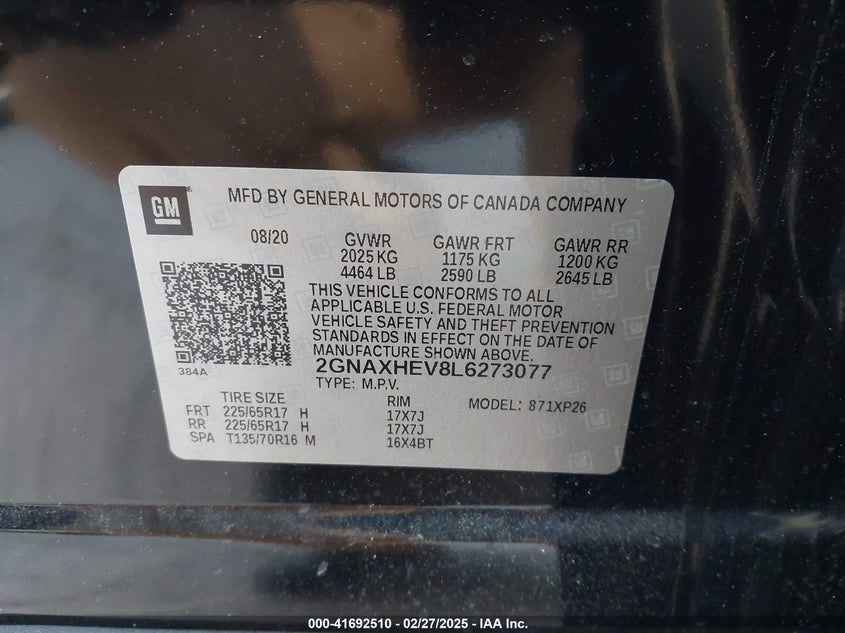 2020 CHEVROLET EQUINOX VIN: 2GNAXHEV8L6273077