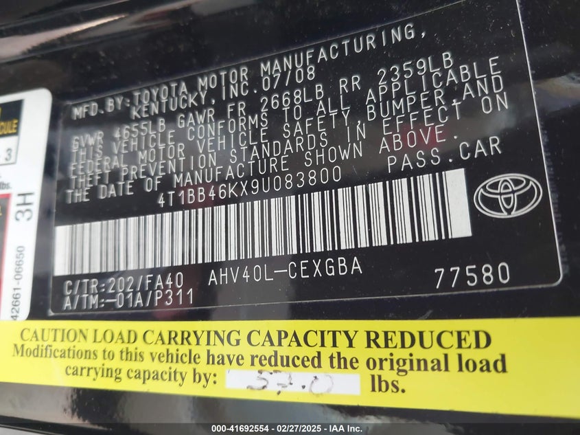 2009 TOYOTA CAMRY HYBRID VIN: 4T1BB46KX9U083800