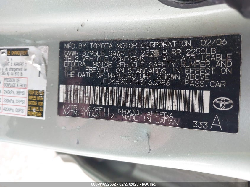 2006 TOYOTA PRIUS VIN: JTDKB20U063163286