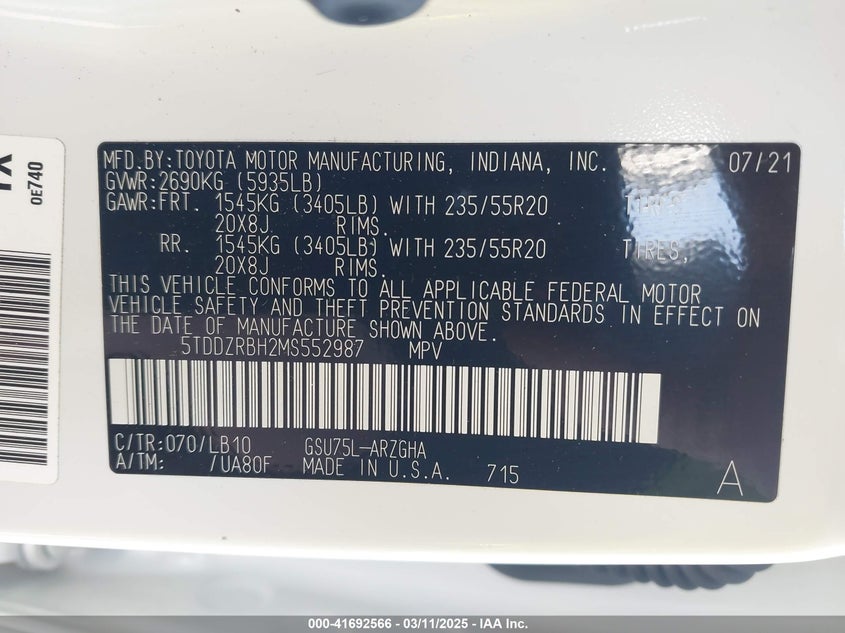 2021 TOYOTA HIGHLANDER 3.5L V-6 DI, DOHC, V(VIN: 5TDDZRBH2MS552987