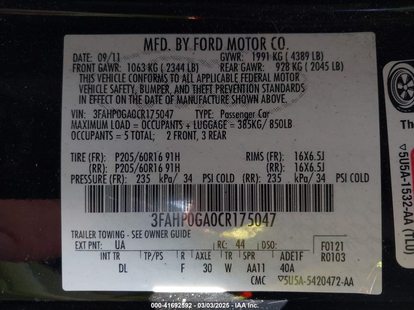 2012 FORD FUSION VIN: 3FAHP0GA0CR175047