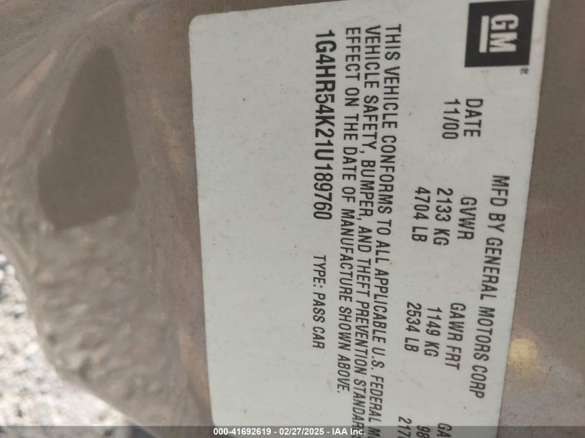 2001 Buick Lesabre Limited VIN: 1G4HR54K21U189760 Lot: 41692619