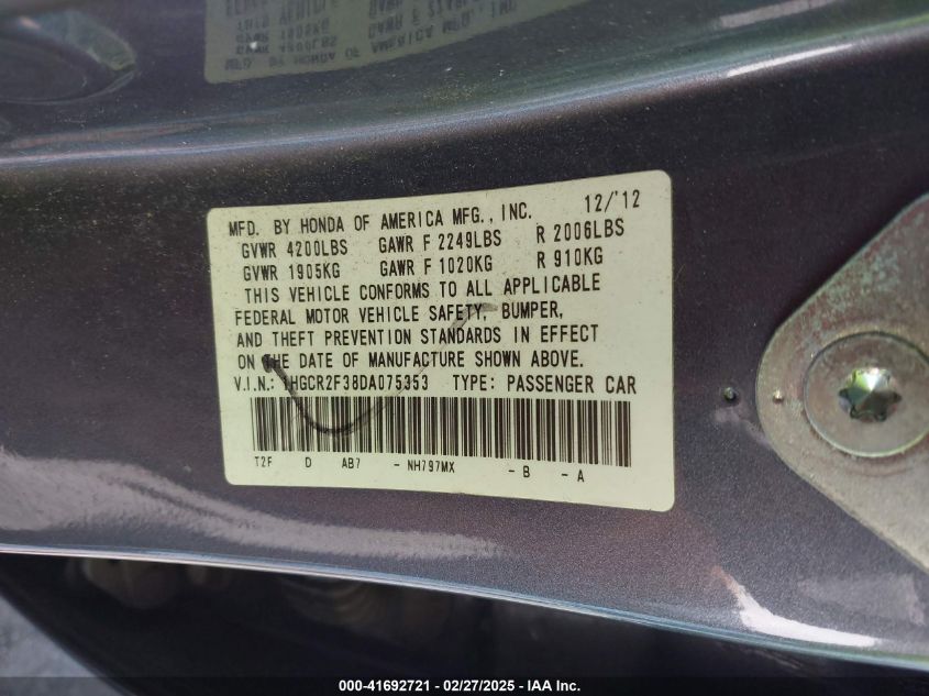 2013 Honda Accord Lx VIN: 1HGCR2F38DA075353 Lot: 41692721