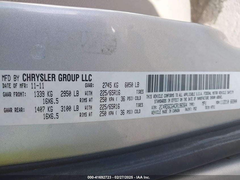 2012 DODGE GRAND CARAVAN VIN: 2C4RDGCG4CR196564