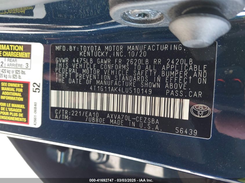 2020 TOYOTA CAMRY SE - 4T1G11AK4LU510149