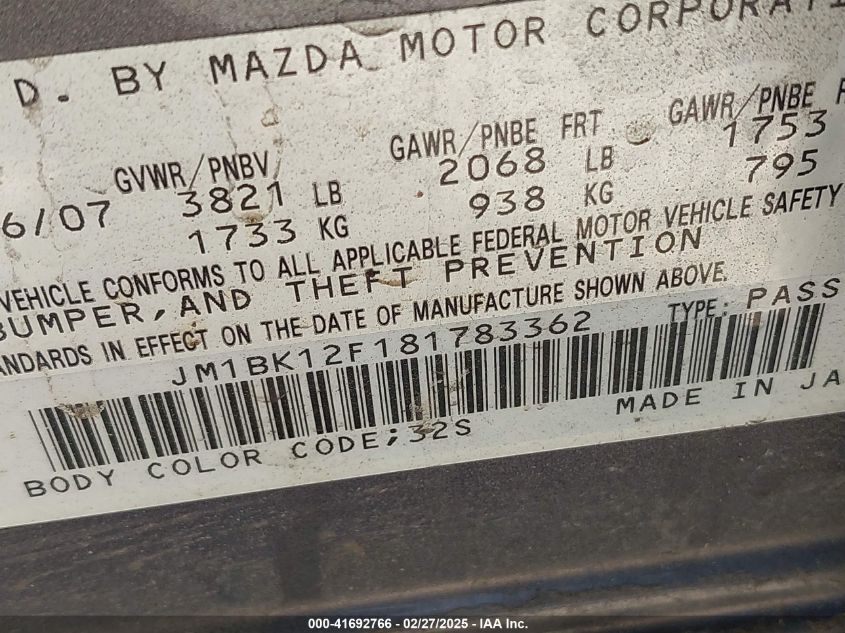 2008 Mazda Mazda3 I VIN: JM1BK12F181783362 Lot: 41692766