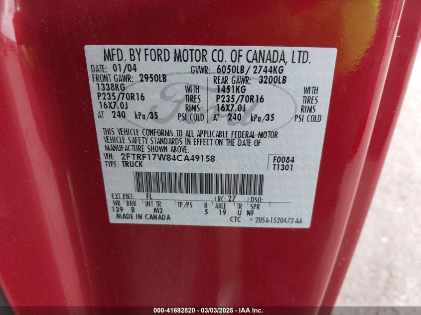 2004 Ford F-150 Heritage Xl/Xlt VIN: 2FTRF17W84CA49158 Lot: 41692820