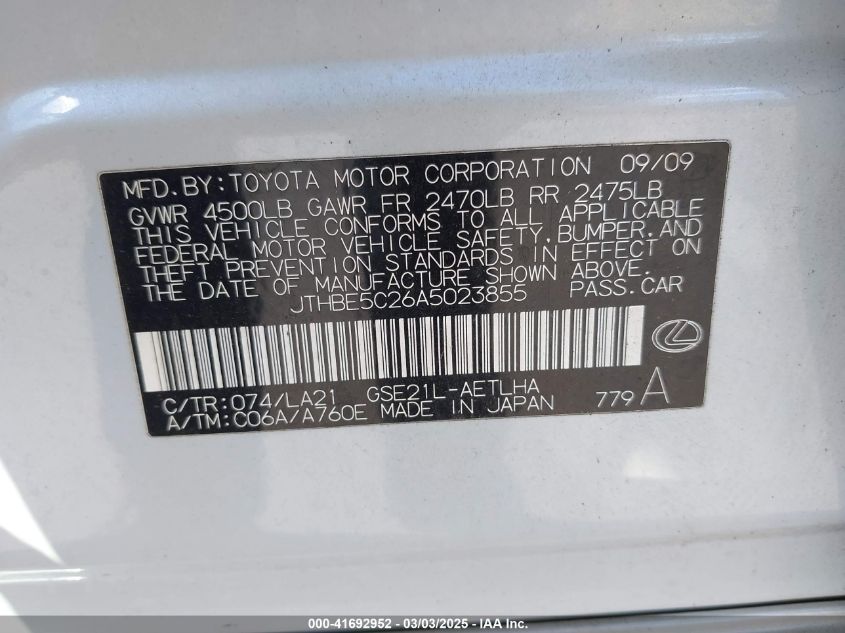 2010 Lexus Is 350 VIN: JTHBE5C26A5023855 Lot: 41692952