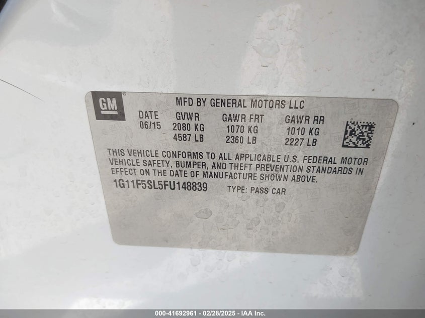 2015 CHEVROLET MALIBU VIN: 1G11F5SL5FU148839