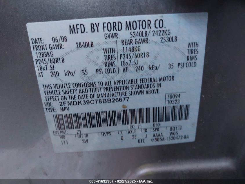 2008 Ford Edge Limited VIN: 2FMDK39C78BB26677 Lot: 41692987